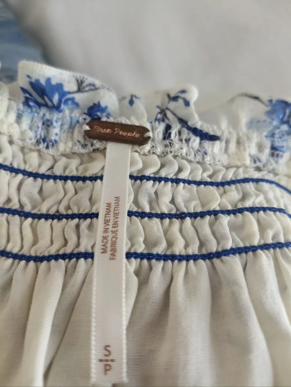 Free People Boho Off-Shoulder Floral Peasant Top - Cream with Blue Print